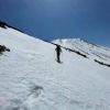 大きな雪渓をトラバースして登ります（ストックでバランスをとりながら歩行）
