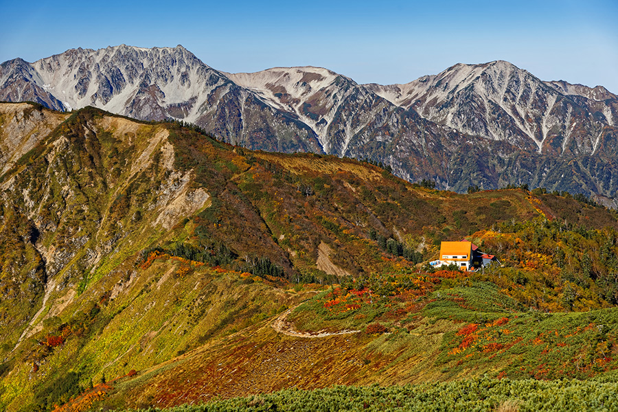 爺ヶ岳の登りから見る紅葉の種池山荘と立山連峰