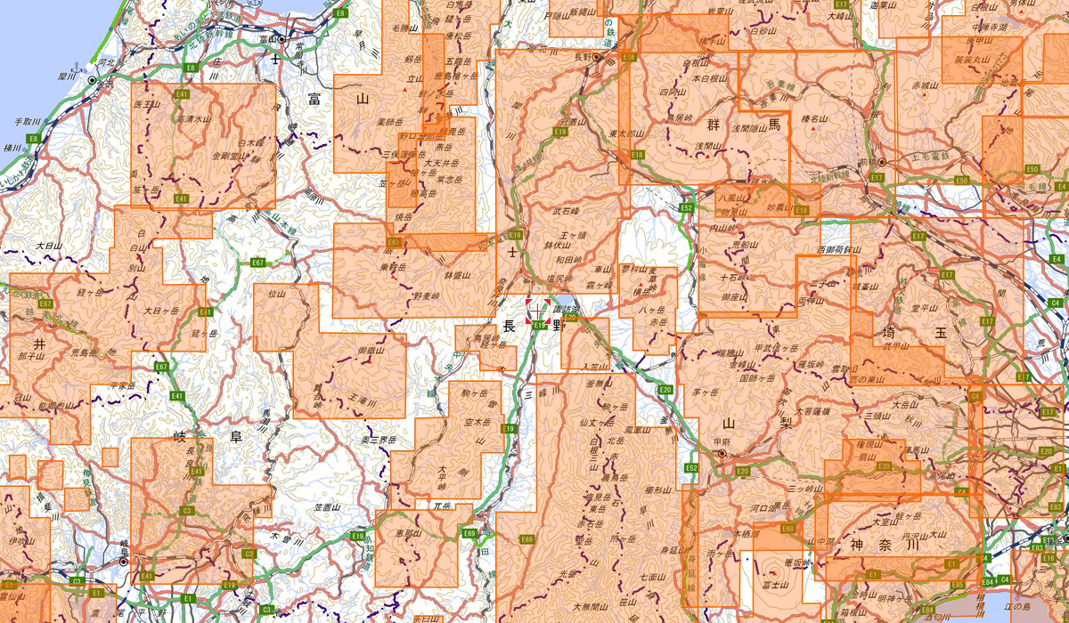 〉オレンジ枠は、登山情報を掲載している山域の範囲
